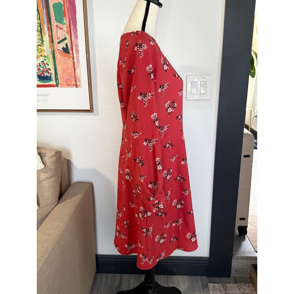 LOFT Womens 10P Petite Red Floral Fit Flare Dress Long Sleeve Career Casual - Picture 2 of 9